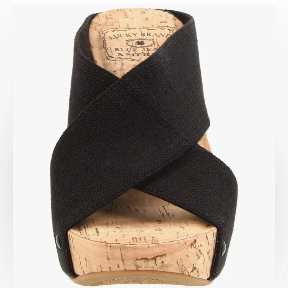 Lucky Brand  Black Strap Open Toe Cork  Wedge Heels size 7.5